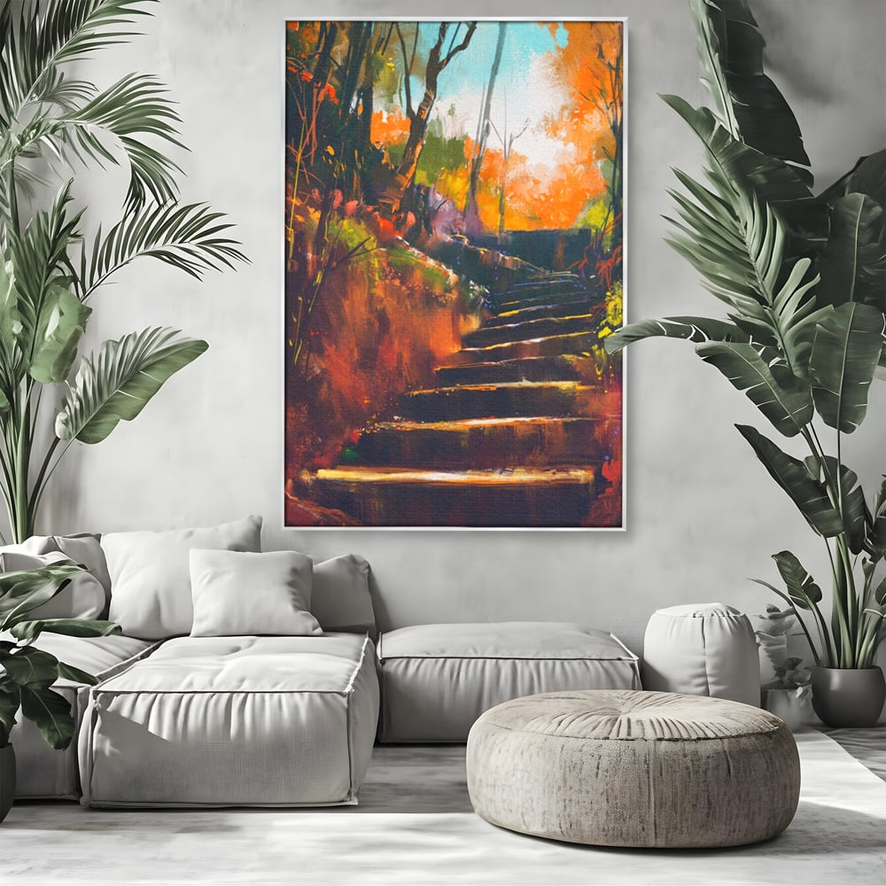 Tablou canvas cu tablou canvas cu scari de toamna, in rama de aluminiu argintiu, pe perete intr-un living